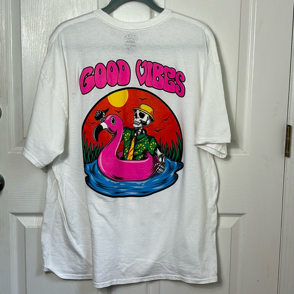 CALL YOUR MOTHER T-SHIRT GOOD VIBES Skeletons pool float flamingo vacation humor